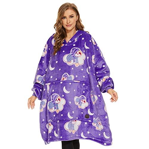 THREE POODLE Wearable Blanket Hoodie for Women, Oversized Sherpa Sweatshirt Blanket for Adults Men, Cozy Hooded Blankets, Glow in the Dark, Gifts for Teen Girls Women Mom Sister