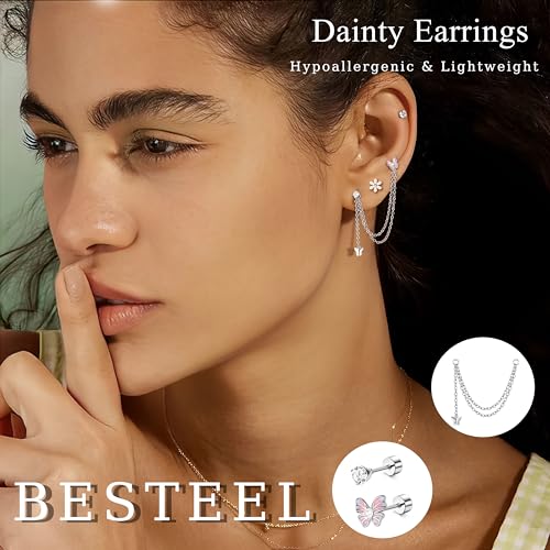 27 Pcs Flat Back Earrings Hypoallergenic Surgical Steel Cartilage Stud Earring Stacks Set for Mutiple Piercing Dainty Chain Dangle Conch Tragus Daith Helix Piercing Jewelry for Women Men Trendy 16G3