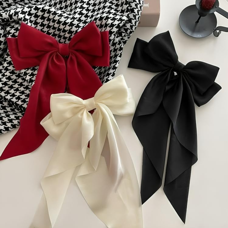 Image of FilterFashion Hair Bow Women Satin Silky Layered Hair Barrettes with Big Ribbon Bow Clip for Women and Girls Large Vintage Hair Accessories French Style (White-black-maroon-3pcs)