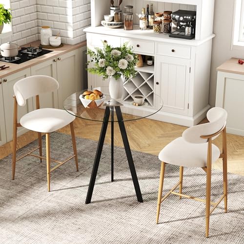 Image of 3-Piece Bar Table Set with 2 Bar Stools, 31.5 inch Round Pub Table and Fabric Upholstered Counter Height Stools with Wood-Grain Metal Legs, for Small Spaces, Apartments, and Bistros