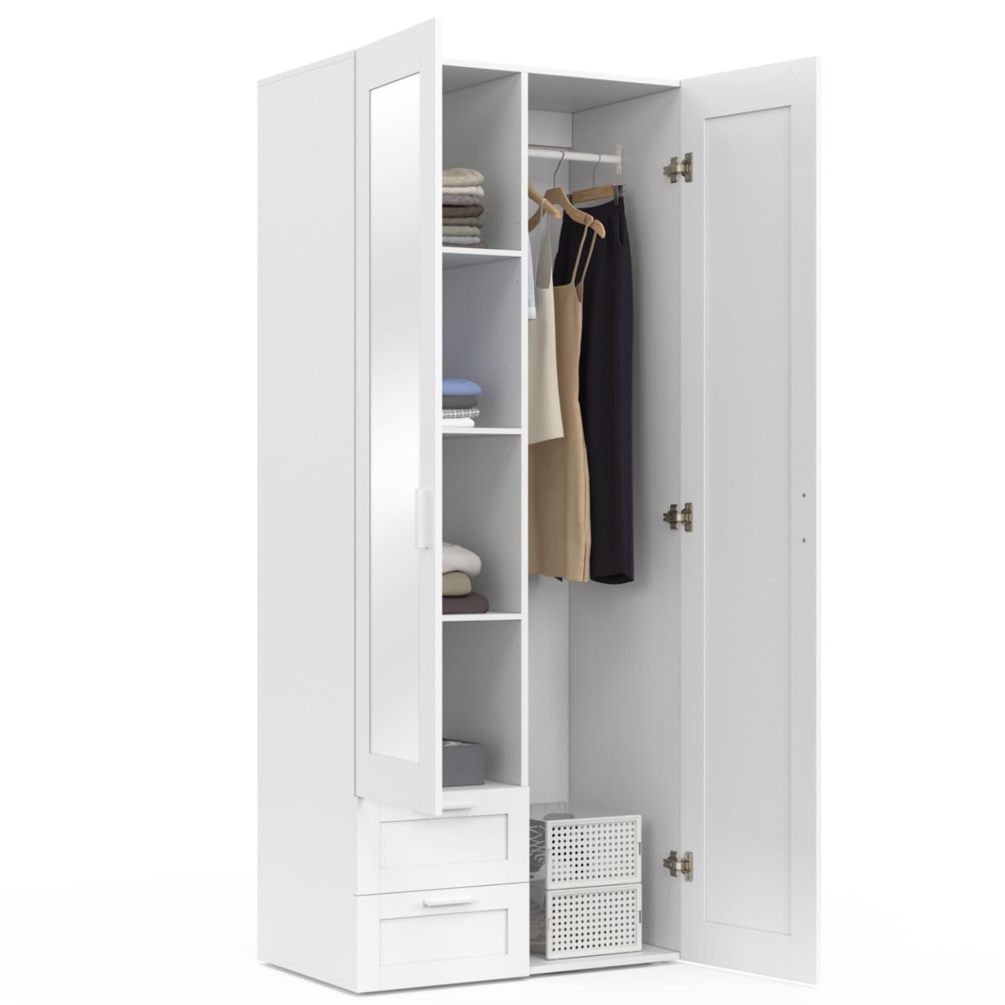 IDMarket - Armario de 2 puertas VITO blanco 80 cm con 2 cajones, espejo y estantes