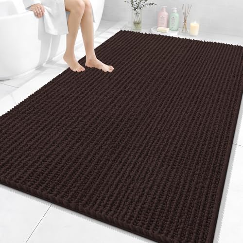 Image of OLANLY Bathroom Rug Mat 70x46, Thick Soft and Absorbent Chenille Bath Mat, Non-Slip Rubber Backing, Machine Washable Quick Dry Bath Rugs for Tub Shower Floor, Home Decor Accessories, Brown