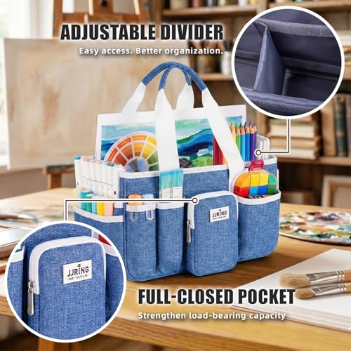 Image of Jjring Craft Organizer Tote Bag, Portable Art Caddy with Adjustable Divider&Secure Zipper Pocket, Large Foldable Storage Tote for Scrapbooking, Sewing, Artist and Home(Blue)