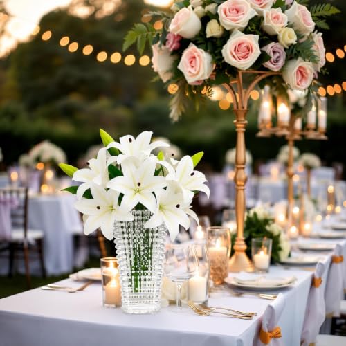 Image of CURATED CART 2 Pcs Lily Artificial Flowers Bunch for Home Decoration - Big Lilys Bouquet for Home Decor - Real Touch Faux Latex Long Stem - Includes 6 Lily Flowers and 10 Half Bloom Buds-White Colour