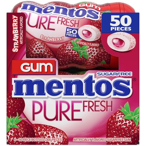 Image of Mentos Pure Fresh Sugar-Free Chewing Gum with Xylitol, Strawberry, 50 Piece Bottle (Bulk Pack of 6)