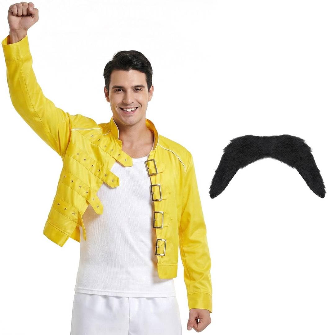 80s Rock Queen Costume Jacket & Tash for Men Retro 1980s Fancy Dress Outfit Classic Rock Star Look Halloween Costume for Men Music Party Festival Stage Show Music Icon