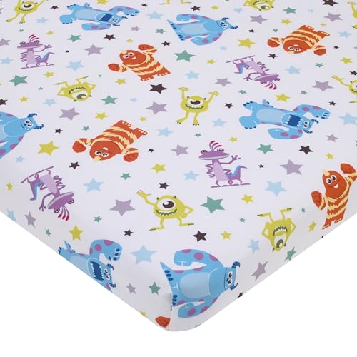 Image of Disney Monsters Inc. Blue, Green, Orange and White, Sully and Mike Super Soft Nursery Fitted Mini Crib Sheet