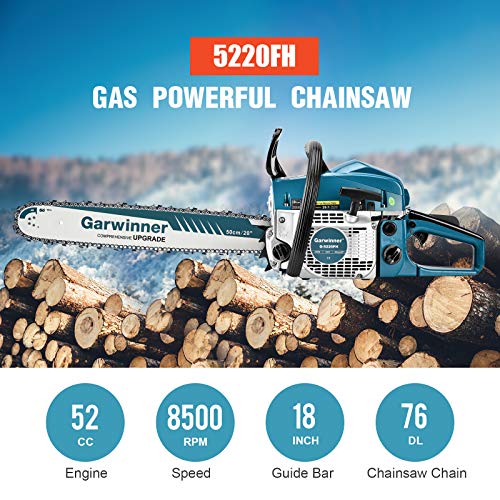 52cc Gas Chainsaws 20 Inch Bar Power Chain Saws, Gas Powered Chainsaw 2 Stroke Handed Petrol Gasoline Chain Saw for Cutting Wood Outdoor Garden Farm Home Use with Tool Kit