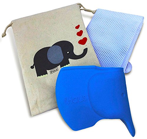 Bath Toy Organizer &Blue Silicone Spout/Faucet Cover Guard Baby Gift Set in Custom Elephant Gift Bag for Girl or Boy - Protects Child's Head from Faucet.