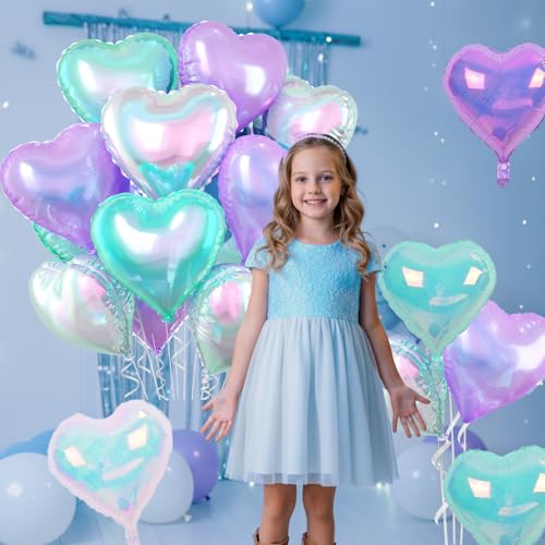 Image of Iridescent Heart Balloons, 10 Pcs Crystal Heart Shaped Balloon, 18 Inch Transparent Gradient Blue Purple Foil Balloons for Engagement Brithday Baby Shower Wedding Valentines Mermaid Party Decoration