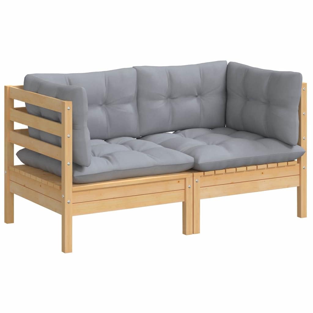 2-osobowa sofa ogrodowa z szarymi poduszkami z litego drewna sosnowego, 63,5 x 63,5 x 62,5 cm, sofa outdoorowa na balkon i taras, modułowa sofa ogrodowa z wygodną tapicerką