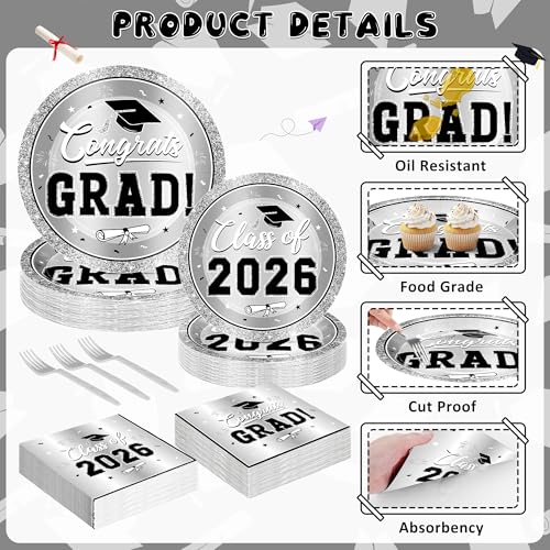 Image of QZYL 200Pcs Sliver Graduation Plates and Napkins, Graduation Party Supplies for 50 Guests, Disposable Grad Dessert Plates and Plastic Forks for Grad Party Decorations