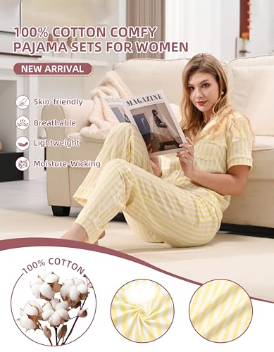 Image of NAP BOUND 100% Cotton Women's Pajama Sets Short Sleeve Button Down Soft Pjs 2 Piece Lounge Set with Pocket Nightwear XS-XXL