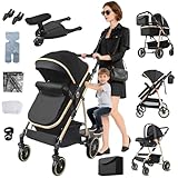 MoLi Carrito Bebe 3 en 1, Carro Bebe 3 Piezas Plegado Conveniente con Un Solo Clic, Carrito Bebes con Modo de Doble Empuje Reversible, Cochecito Tres Piezas Paisaje Alto (FV8 Black Gold)
