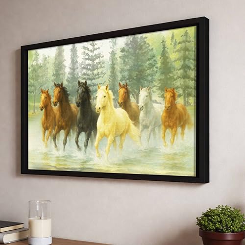 Image of 7 Running Horses Vastu Framed Wall Art Painting For Living Room| Green Forest Seven Horse Horse Painting With Frame Symbol of Growth & Positive Energy Wall Art for Living Room & Office, 17x23 Inch
