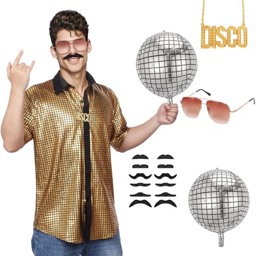 Disfarce disco homem anos 70, camisa disco anos 80 brilhante retro discoteca Rockstar óculos barba carnaval festas Halloween cosplay de graduação (ouro, M)