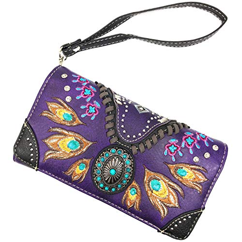 Zelris Turquoise Concho Peacock Feather Women Crossbody Wrist Trifold Wallet2