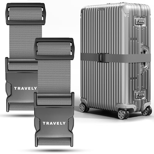 Travely® Correa para Maleta, Especialmente llamativa y Segura, Incluye 2 Etiquetas para Nombre, Cinta Ideal sobre Cruz, Juego de 2 Unidades, Color Gris