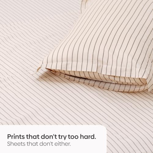 Image of Haus & Kinder Double Bed Bedsheet 90 x 100 | 186 TC Pure Cotton Bed Sheet Double Bed with 2 Pillow Covers | Queen Size Bed Sheet | Sumi Stripe Ink
