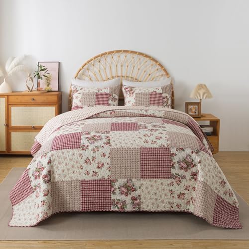 Slpr C8-21BP-28QH Country Roses Patchwork Cotton Pieced Quilt Set - Queen Size With 2 Shams, French Country Style Floral Bedding thumb #1