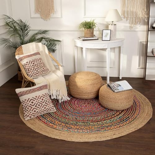 Image of Jute Ottomans Pouf For Seating | Jute Ottoman For Footrest Filled With Bean Balls | Ottoman Pouf Stools For Living Roombedroom, 50X50X20 Cm, Beige