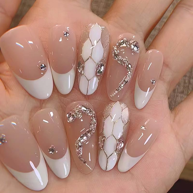 MouyouGlow Press on Nails Short Kurz,Almond Nude Rosa Weiß French 3D Diamant Schlange Glitzer Fake Nails mit Nagelkleber,White Tips Snake Crystal Bling Künstliche Fingernägel