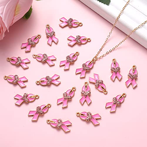 Nvenf 20Pcs Pink Ribbon Charms Breast Cancer Awareness Beads Charms For Jewelry Making, Pink Enamel Rhinestone Pendants For Bracelet Necklace Earrings Making Diy Crafts (Pink Ribbon C) #TOP1