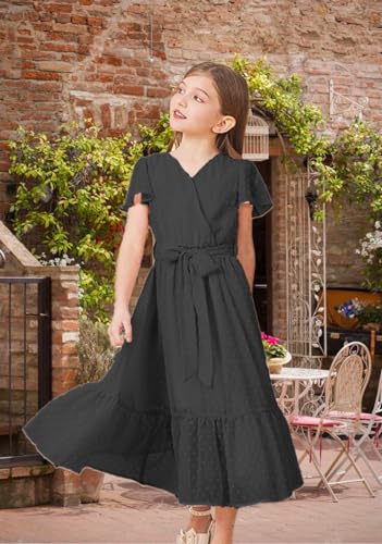Girls Bohemian Dresses Flying Cap Sleeve V Neck Belt Calf Long Maxi Pleated Flowy Dresses for Girls4