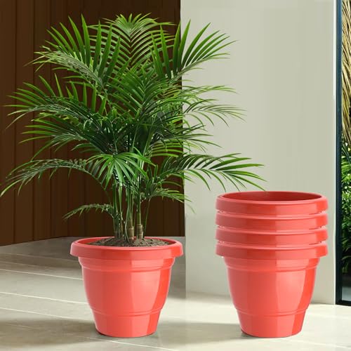 Image of Kuber Industries (Pack of 5) Flower Pot | Pots for Terrace, Garden (8 Inch) 2-Layer Fuldani Flower Pot | Pots Stand for Plants | Phooldaan for Home D?cor | Synergy Indoor Plant Stand | Red
