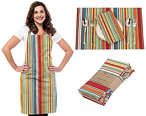 Ruvanti Bundle of Cloth Napkins 18x18 6 Pack with Matching Placemats 13x19 6 Pack & Women Apron 1 Pack. 100% Cotton, Soft, Durable, Washable Kitchen Linen for Dinner, Wedding & Cocktail Parties.