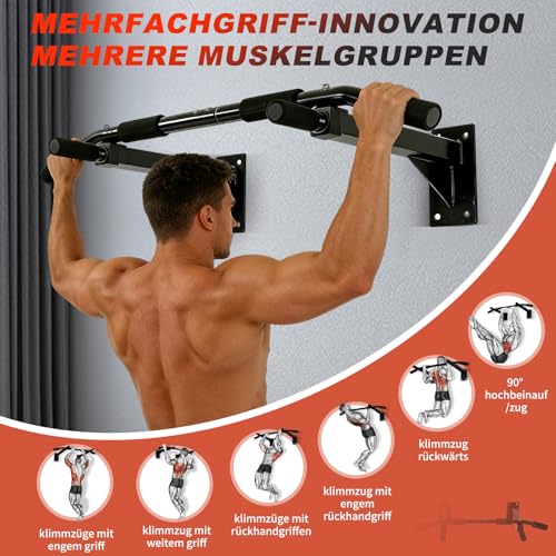 ISE Klimmzugstange Wand zur Wandmontage, Pull Up Bar mit rutschfesten Griffen, Klimmzugstange Decke mit Wandhalterung & 8 Schwerlastdübel zur Montage SY-165
