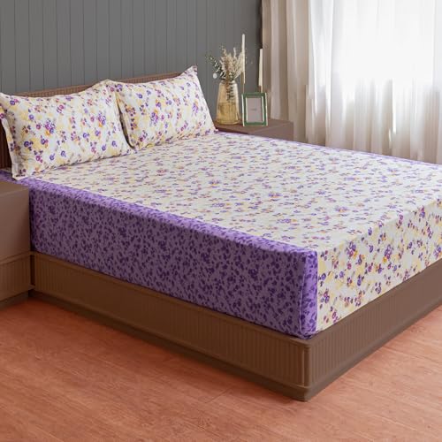 Image of Swayam Pure Cotton Double Bedsheet with 2 Pillow Covers | Size 90 x 100 inch | 160 TC | Floral Design | Soft Breathable Bed Sheet | Comfortable & Durable for Bedroom - Cream & Purple