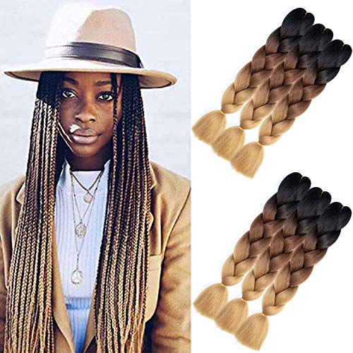 AQINBEL Braiding Hair 24 Inch 6PCS Lot Ombre Jumbo Braids Hair Extension High Temperature Jumbo Braids for Twist Crochet Braiding Hair(Black to Dark Brown to Light Brown)