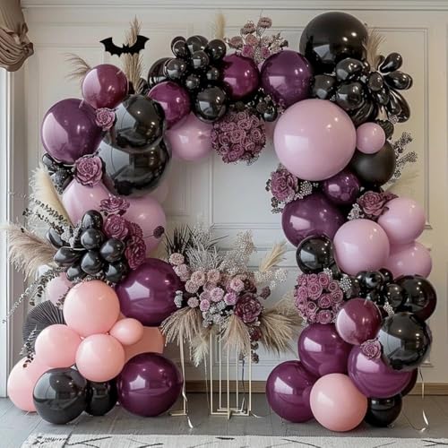 Image of Black Pink Purple Balloons Double Stuffed Dark Plum Mauve Pink Pastel Lavender Lilac Balloon Garland Arch Kit for Wednesday Addams Halloween Birthday Baby Shower Wedding Goth Party Decorations