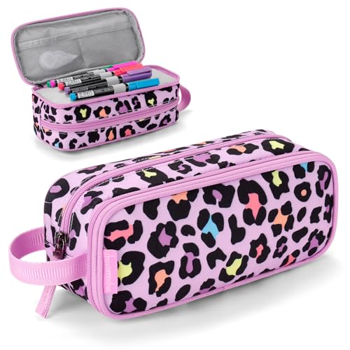 Image of Choco Mocha Girls Pencil Case for Kids, Soft Large Zipper Pencil Pouch for Kids with 2 Compartments Girls Pencil Case for School Leopard Pencil Bag, Cheetah Pink
