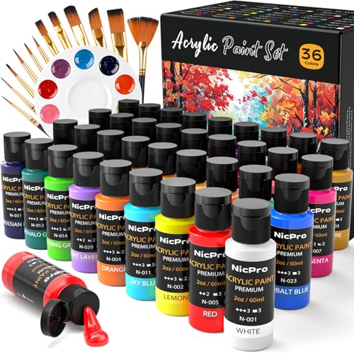 Nicpro Acrylic Paint Set 36 Colors x 2 oz/60 ml with 12 Brushes & Palette Non Toxic Rich Pigment Craft Paint for Canvas Rock Wood Ceramic Fabric Clay Art Supplies forAdults Beginners Professional Artist