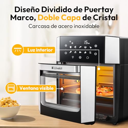 LLIVEKIT 15L Freidora de Aire, 90% Menos de Aceite Air Fryer, 10 Funciones Horno de Aire Caliente, Mini Horno con 7 Accesorios, Freidora sin Aceite con Ventana Visual, Pantalla LED Táctil, 1800W - imagen 2