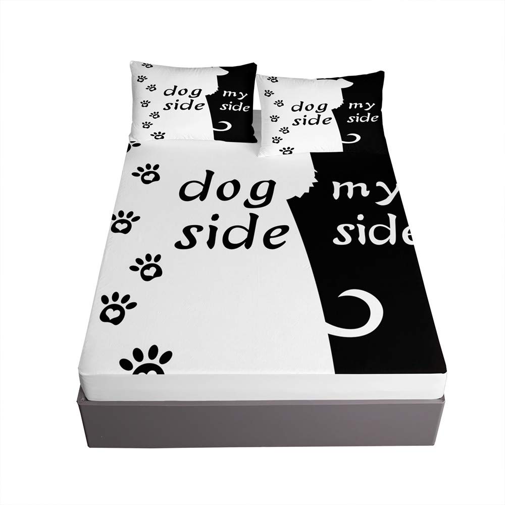Chickwin Puppy Printed Fitted Sheet Bed Sheets with Pillow Cases for Double King Single Bed, 30cm Deep Hypoallergenic Microfiber Easy Care No Color Fade (Black White,160x200x30cm)