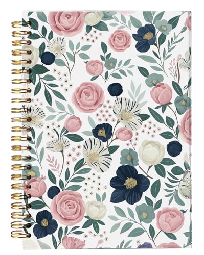 bitCNY Floral Notebook 5.5x8.3 Inches – Pink and Navy Flower Design Journal for Women, Aesthetic Writing Notebook with Gold Spiral