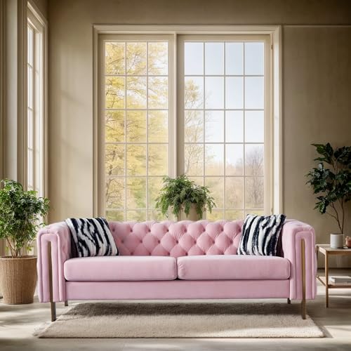 Image of KEIKI 84 inch Chesterfield Velvet Tufted Button Sofa with Removable Cushions and 2 Toss Pillows, Modern 3-Seater Couch with 4 Gold Metal Legs, Easy Assembly, for Living Room, Bedroom, Apartment, Pink