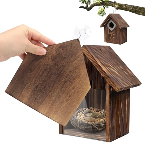 2-in-1 Window & Tree Hanging Bird House Outdoor Birdhouse with Stainless Steel Hanging Cable Openable Privacy Cover Panel for Bluebird Finch Chickadee