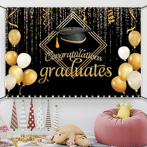 MIRRORANG Polyester 6x3.6ft Black Gold Congratulation Graduates Banner, Graduation Banner - Image 4