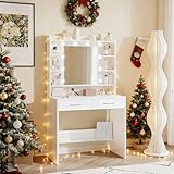 Hzuaneri Tocador de Maquillaje, con Espejo y luz LED, Estilo Moderno, Estación de Maquillaje con Estantes Abiertos y 2 Cajones, para Dormitorio, Salón, 40 x 80 x 149cm, Blanco DT08203X