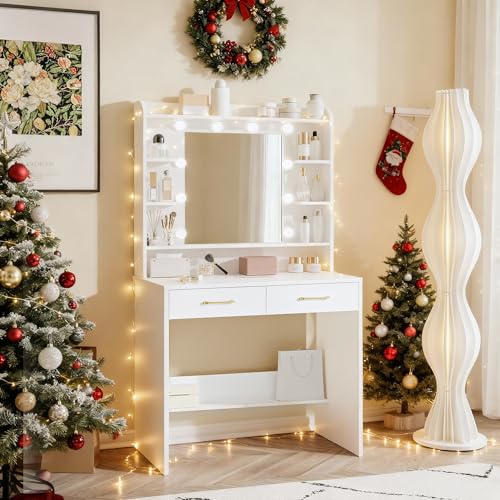 Hzuaneri Schminktisch mit Spiegel, Schminktisch mit Ablageflächen und 2 Schubladen, für...