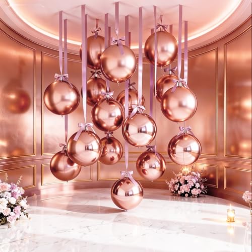 Image of 14 Pcs Rose Gold Round Foil Balloons 22 /15 /10 4D Ball Balloons Rose Metallic Balloon Ornament Mylar Balloon Chrome for Women Birthday Graduation Wedding Anniversary New Year Disco Party Decor