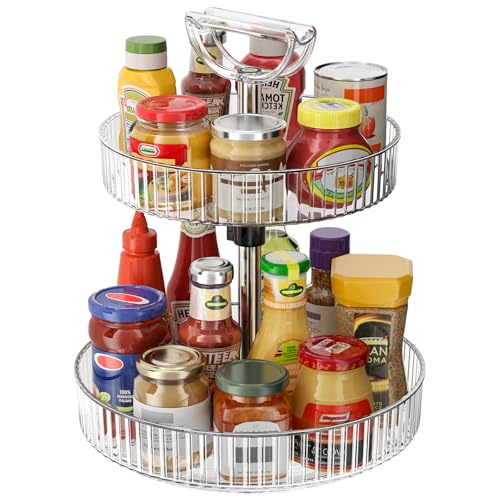 Image of Lazy Susan Organizer - 2 Tier Rotating Spice Rack Turntable, 11.4 inch Plastic Spinning Organizer for Kitchen Cabinet Pantry Countertop Cupboard Bathroom Storage, Clear