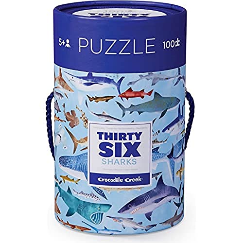 Crocodile Creek- Shark Piece Puzzle in Canister Rompecabezas de Piso, Color Azul/Verde/Naranja/Rojo/Rosa, 14" x 19" (Bertoy 4054-8) Cover