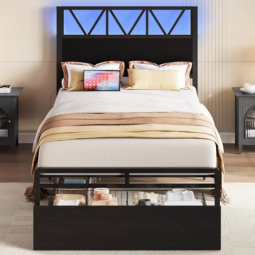 LIKIMIO Twin XL Bed Frames with Storage Drawer Charging Station and LED Lights Twin XL Bed Frame with Headboard No Box Spring Needed Easy Assembly for Teen Room Small Apartment Bedroom Black
