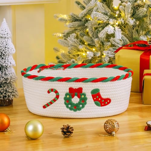 Image of Mothers Day Gifts Basket Empty for Mom Wife Women, Cotton Rope Gift Basket with 2 Greeting Cards | Ribbon | Cellophane, Storage Baskets With Concealed Handle For Baby Shower, Woven Storage Basket for Nursery Decorations, 14*10*5 inches