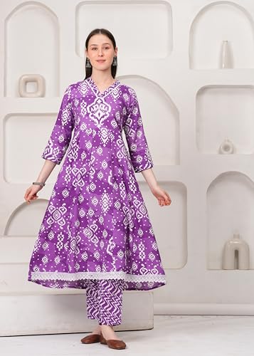 Image of Ethnic Villa Traditional Floral Anarkali Suit with Dupatta, 3 Sleeve Cotton Dress Set, Printed Kurta Palazzo with Dupatta Set (Pack of 1)